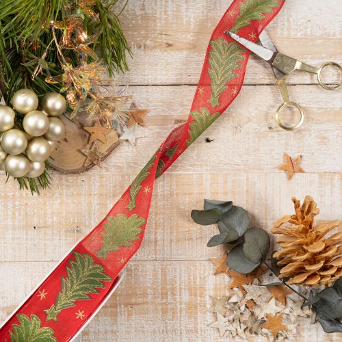 Geschenkband Stoff 40mm 15m Tannenbaum und Sterne Rot Grün Gold | Floristik24.ch