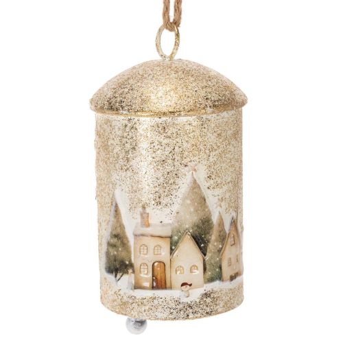 Weisse und goldene Metallglocke mit Winterdorf-Motiv 20 cm online kaufen | Floristik24.ch