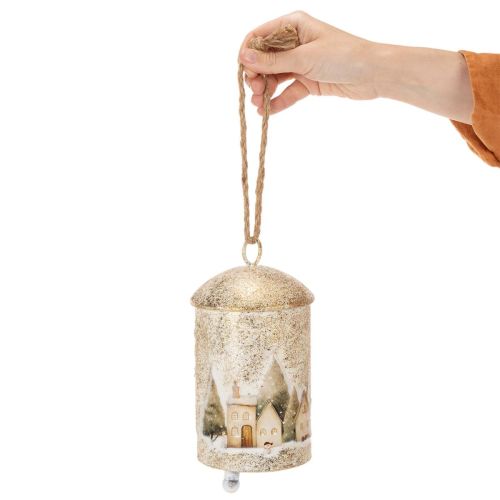 Weisse und goldene Metallglocke mit Winterdorf-Motiv 20 cm | Floristik24.ch