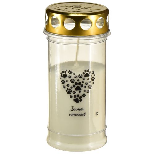 Floristik24 Grabkerze Hund Herz aus Pfoten Weiß Gold Ø7cm H16,5cm