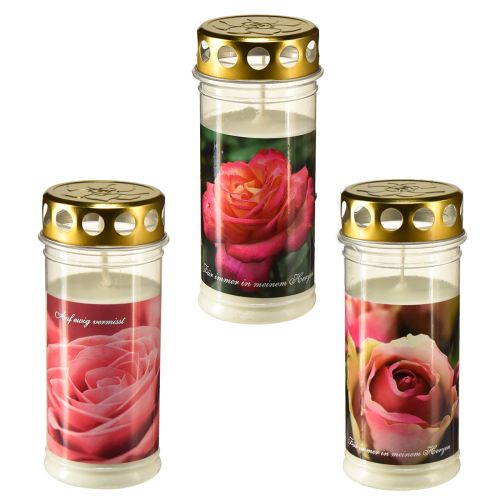 Grabkerzen mit Rosen Motiv Grabschmuck Ø7cm H18cm 3St