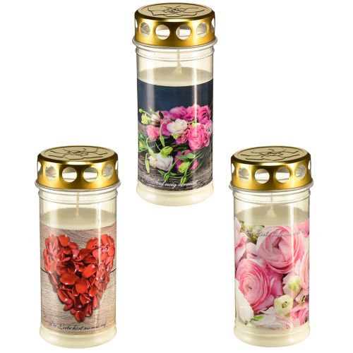 Floristik24 Grablichter Weiß Rosen Herz Motiv Trauer Ø7cm H18cm 3St