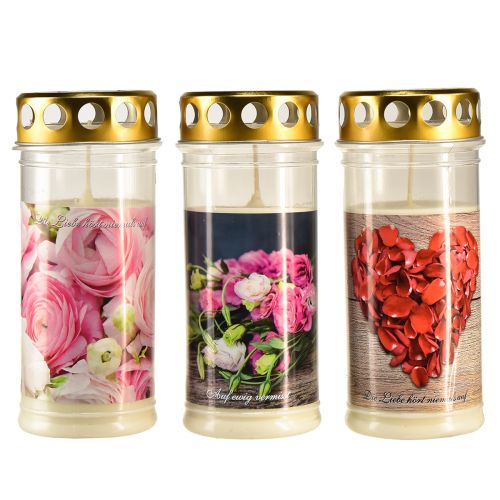 Floristik24 Grablichter Weiß Rosen Herz Motiv Trauer Ø7cm H18cm 3St