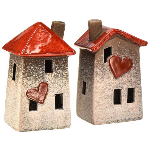 Floristik24 Liebevolle Keramik-Häuser – Herzdesign, Rot & Natur, 17.5 cm – Romantische Deko für zu Hause 2 St