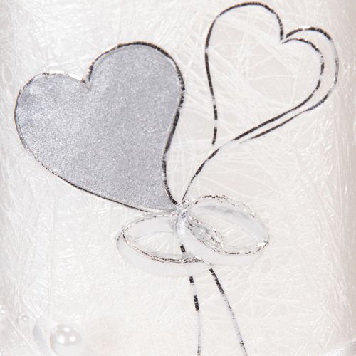 Hochzeits- und Silberhochzeitskerze aus Wachs, Weiss mit Silbermotiv, Herz- und Ringdekor, 210x85 mm | Floristik24.ch