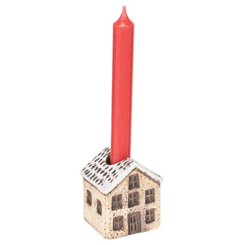 Kerzenständer aus Keramik im 2er-Set, Hausform, 7 cm, Rot und Beige mit Schnee | Floristik24.ch