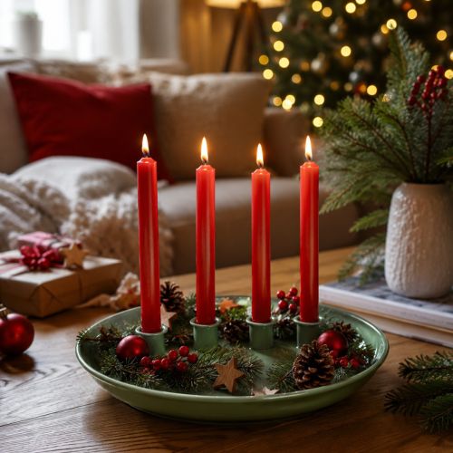 Artikel Kerzenteller Adventskranz grün mit vier Kerzenhaltern 24 cm aus Metall