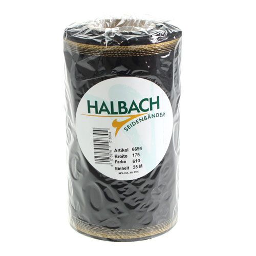 Artikel Elegantes Kranzband Moiré 175mm Schwarz mit Perlkante und Taftbindung, Dekoband Trauerfloristik, Schleifenband 25m