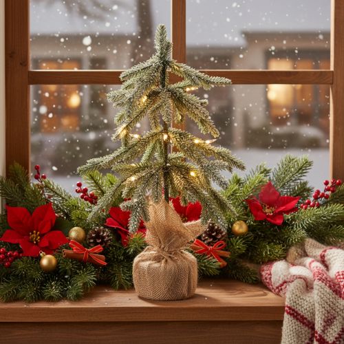 Künstlicher Tannenbaum mit LED 50 cm beschneit im Jutesack für Innen | Floristik24.ch