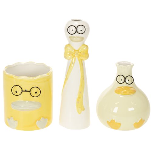 Keramik Entenfiguren mit Brille in Gelb und Weiss, 25 cm, 3er-Set