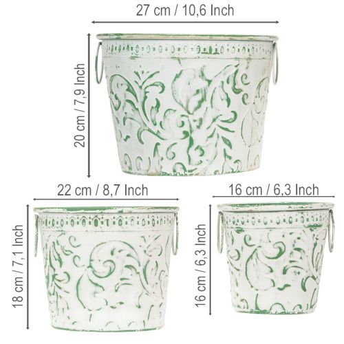 Metall-Pflanzkübel 3er-Set mit Henkeln, Prägung, Shabby Chic Weiss/Grün, Ø25,5/20,5/15,5cm, H20,5/18,5/16cm | Floristik24.ch