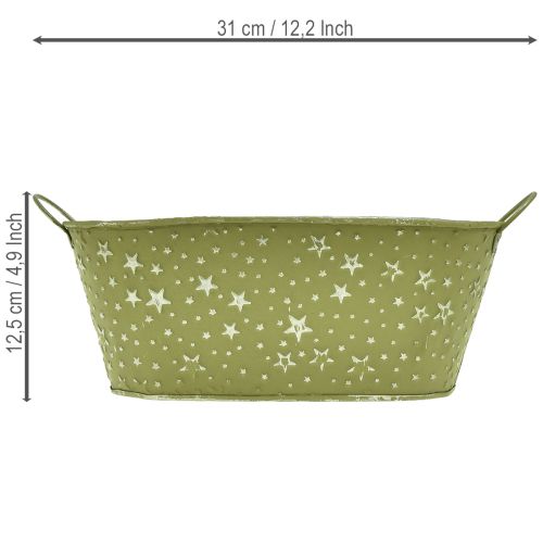 Ovale Metallschale Grün mit Sternen und Griffen 31×16×12,5cm für Innen und Dekoration | Floristik24.ch