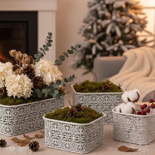 Weisse Metallschalen mit Spitzenmuster, rechteckig, Dekogefässe 3er-Set, 27/23/19 cm, für Innenbereich | Floristik24.ch
