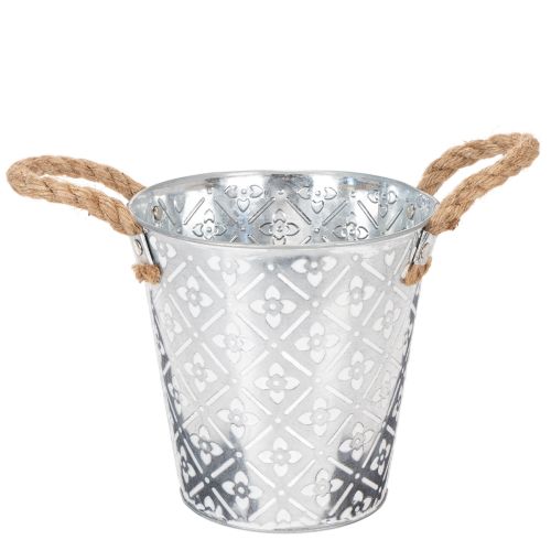 Metall-Pflanzgefäss mit Jutegriffen, Blumenmuster, Ø18cm, Silber online kaufen | Floristik24.ch