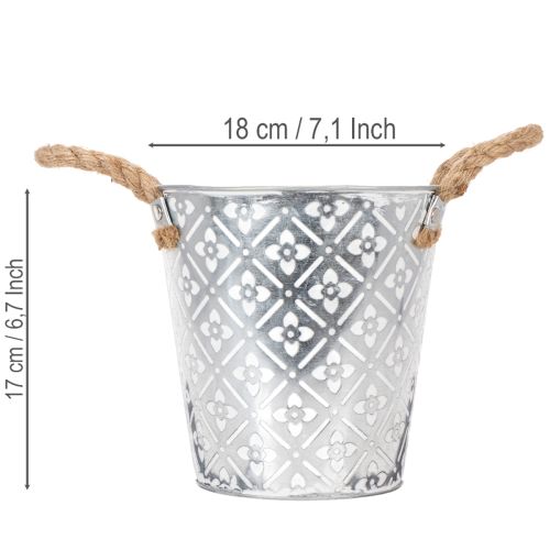Metall-Pflanzgefäss mit Jutegriffen, Blumenmuster, Ø18cm, Silber | Floristik24.ch