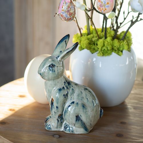 Osterhase Keramik Beige Blau Glasiert 18x11x25,5cm