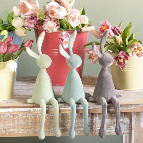 Osterhasen Deko Hasen sitzend beflockt – 2. Wahl – Grün Braun 36cm 3 St