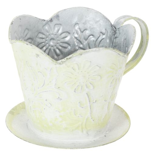 Pflanzgefäss Metalltasse mit Unterteller, Ø11cm H11cm, Grün-Weiss Shabby Chic online kaufen | Floristik24.ch