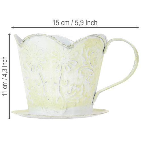 Pflanzgefäss Metalltasse mit Unterteller, Ø11cm H11cm, Grün-Weiss Shabby Chic | Floristik24.ch