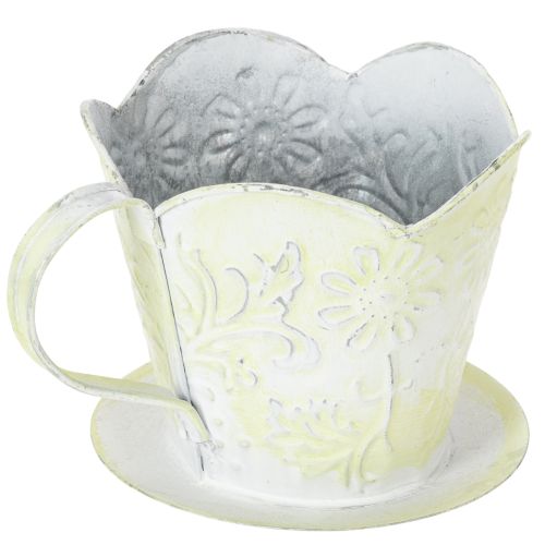 Pflanzgefäss Metalltasse mit Unterteller, Ø11cm H11cm, Grün-Weiss Shabby Chic | Floristik24.ch