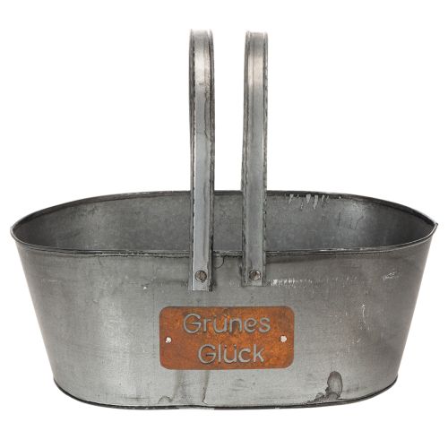 Pflanzkorb Metall Silbern „Grünes Glück“ mit Edelrost Schriftzug, 40 x 24 x 15 cm | Floristik24.ch