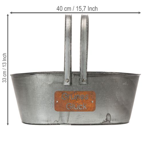 Pflanzkorb Metall Silbern „Grünes Glück“ mit Edelrost Schriftzug, 40 x 24 x 15 cm | Floristik24.ch