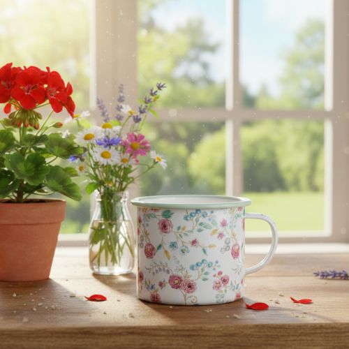 Pflanztasse aus Emaille Weiss Ø9,5cm mit Rosenmuster und Henkel – Dekorative Metallschale für Innen | Floristik24.ch