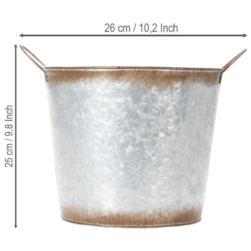 Pflanztopf aus Metall mit Griffen, Ø26cm H25,5cm, silbern mit Rostoptik | Floristik24.ch