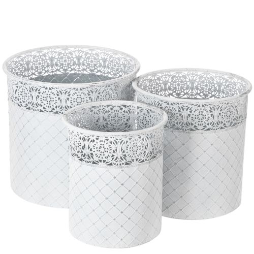 Pflanztopf-Set aus Metall mit Spitzenmuster, Shabby Chic, Weiss und Silbern, Ø29,5/25,5/20cm, H28/25,5/23,5cm, 3er-Set online kaufen | Floristik24.ch
