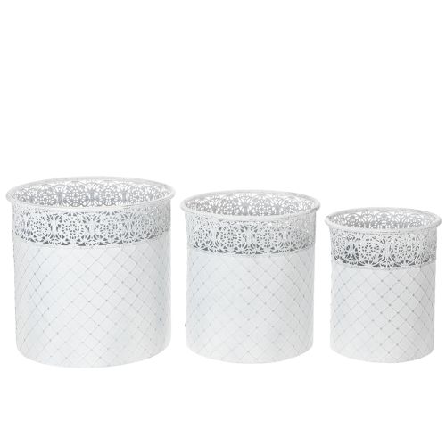 Pflanztopf-Set aus Metall mit Spitzenmuster, Shabby Chic, Weiss und Silbern, Ø29,5/25,5/20cm, H28/25,5/23,5cm, 3er-Set | Floristik24.ch