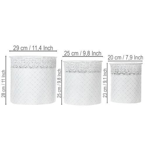 Pflanztopf-Set aus Metall mit Spitzenmuster, Shabby Chic, Weiss und Silbern, Ø29,5/25,5/20cm, H28/25,5/23,5cm, 3er-Set | Floristik24.ch