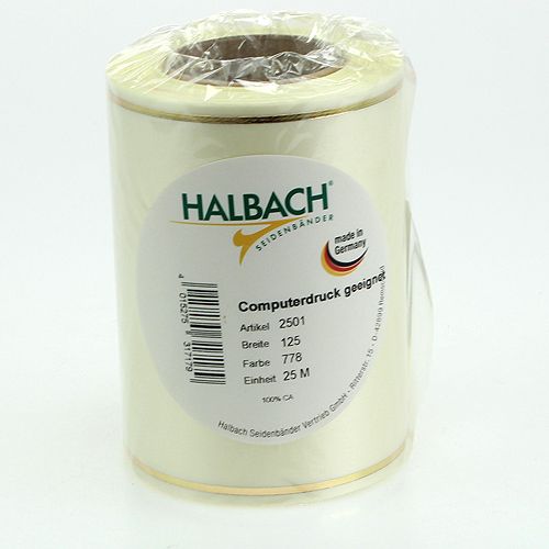 Artikel Kranzband Creme mit Goldkante Supersatin 125mm 25m - Wasserfest, Ideal für Computerdruck & Umweltfreundlich