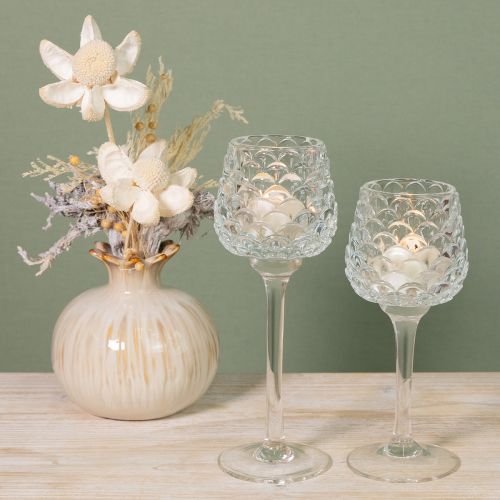 Artikel Teelichthalter Glas Zapfen mit Fuß H19,5/22,5cm Set à 2St