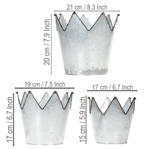 Blumentopf-Set Zink Krone, 3 Grössen: Ø21,5/19,5/17cm, Metall silber-schwarz | Floristik24.ch