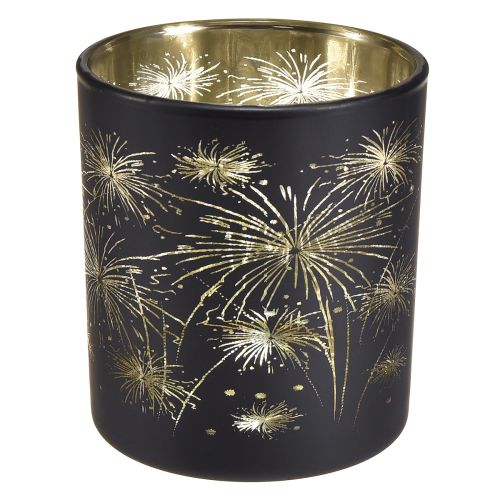 Artikel 6er-Set Windlichter Glas Schwarz-Gold, Feuerwerk-Design, Festliche Deko, 9cm