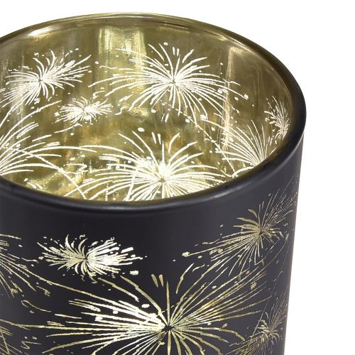Artikel 6er-Set Windlichter Glas Schwarz-Gold, Feuerwerk-Design, Festliche Deko, 9cm