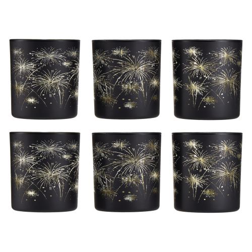 Artikel 6er-Set Windlichter Glas Schwarz-Gold, Feuerwerk-Design, Festliche Deko, 9cm