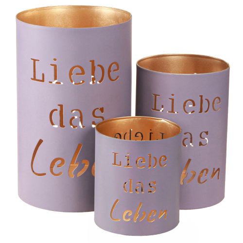 Windlicht „Liebe das Leben“ Violett Pastell Ø13/10,5/9cm Set 3St