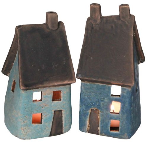 Floristik24 Windlichthaus Keramik Haus Blau Braun H15,5/17,5cm 2 St