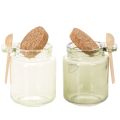 Dekogläser aus grünem Glas mit Korkdeckel und Holzlöffel – Ø 7 cm, H 10 cm, 2 Stück | Floristik24.ch