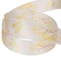 Dekoband Organzaband 25 mm 20 m Weiss Gelb mit Blätterzweig-Motiv für Dekoration | Floristik24.ch