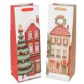 Floristik24 Geschenktasche für Flaschen Weihnachten Haus und Tannenbaum 36cm 2 Stück Papier