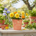 Metall-Blumentopf mit Wiesenblumen-Motiv Apricot/Gelb Ø10,5cm H10,5cm | Floristik24.ch