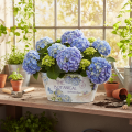 Blumenschale oval aus Metall mit Griffen und Hortensien-Print 32×15×15cm Weiss-Blau | Floristik24.ch