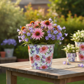 Blumentopf Metall Ø12cm H10,5cm mit Blumenmotiv für Frühlingsdeko | Floristik24.ch
