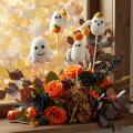 Halloween Geisterfiguren auf Holzstab 54 cm Weiss mit Kürbisakzenten 8er-Set | Floristik24.ch