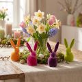 Beflockte sitzende Osterhasen aus Kunststoff – 13 cm, bunt, 8er Set | Floristik24.ch