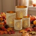 Herbst Windlicht Metall 3er-Set H 20,5/15,5/10,5 cm creme-gold mit Blättermotiv | Floristik24.ch