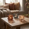 Teelichthalter Glas getönt Ø8cm H6,5cm 3er-Set in Rauchblau, Orange und Braun | Floristik24.ch