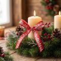Weihnachtsband Polyester Rot mit weissem Häuschen-Motiv 15mm x 20m | Floristik24.ch